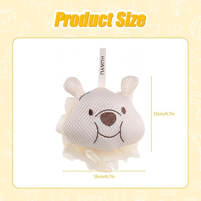 Kids Loofah, Cute Cartoon Animal Kids Bath Sponge with Hanging Rope, Soft Double Mesh for Rich Lather (Long Eared Bear)