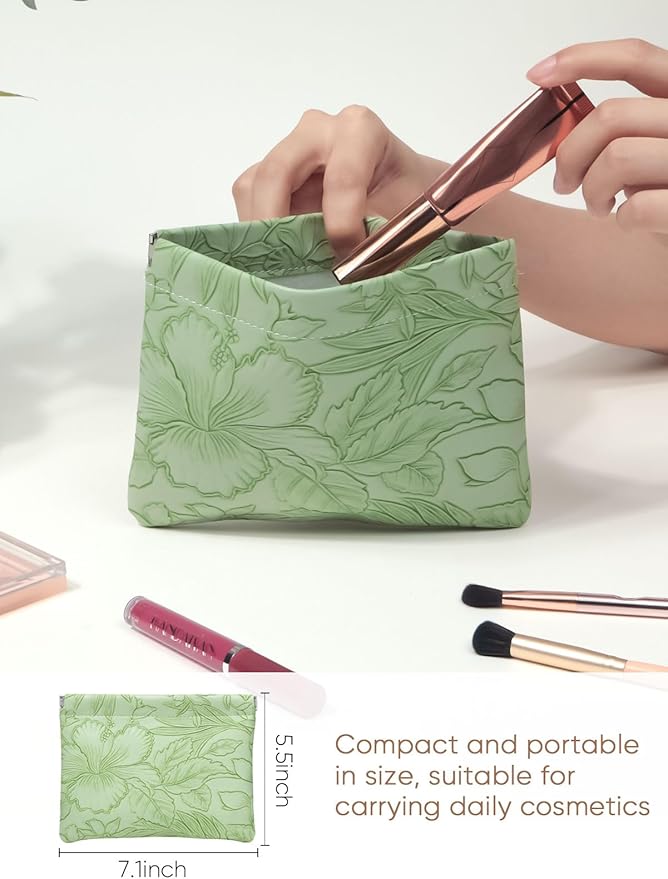 Floral Leather Makeup Pouch Set for Women Small Make Up Bag for Purse Waterproof Initial Makeup Cosmetic Bags Pouches for Purse Aesthetic Travel Toiletry Bag, Green