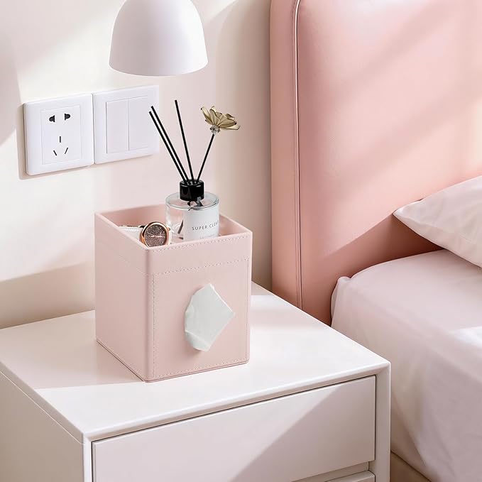 Tissue Box Cover, PU Leather Square Tissue Box Holder with Storage Tray for Bathroom Vanity Countertop Night Stands Bedroom Office Desk, Stylish Tissue Holder Decorative Organizer (Pink)