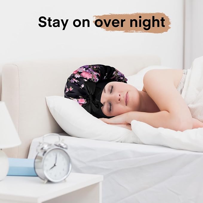 Arqumi 2 Pcs Satin Silk Bonnet for Sleeping Women, Large Long Strap Tie Band Adjustable Sleep Night Cap Curly Hair Bonnet Wrap for Braids Mother's Day Girls Gifts, Black+ Pink(Large, Flower Pattern)