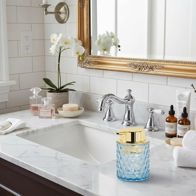 2pcs Amber Foaming Soap Dispenser, Glass Soap Dispenser with Gold Pump, Bathroom Refillable 10 Oz Lotion Shampoo Pump Container Vintage Diamond Bottle for Bathroom and Kitchen