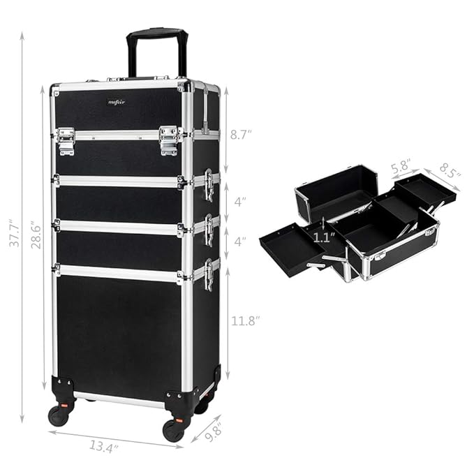 mefeir 4 in 1 Rolling Makeup Train Case, Aluminum Makeup Travel Organizer Cosmetic Case, Cosmetology Display Suitcase on Wheels, Beauty Storage Luggage Lockable w/4 Removable Wheels (Black)