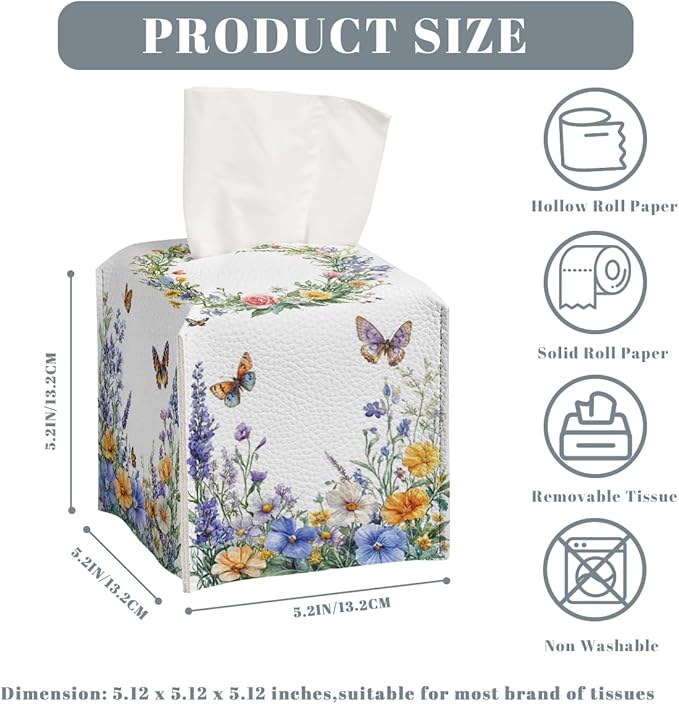 Wildflower Tissue Box Cover Colorful Spring Butterfly Garden Leather Tissue Box Holder Square Facial Paper Organizer Dispenser for Bathroom Kitchen Bedroom Vanity Countertop Night Stands