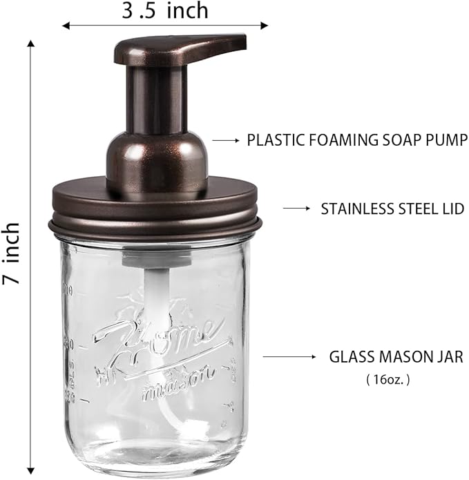 SheeChung Mason Jar Foaming Soap Dispenser, Glass Foaming Hand Soap Dispensers, Stainless Steel Lid, Refillable Foam Soap Dispenser for Bathroom Kitchen, Farmhouse Bathroom Decor (1 Pack, Bronze)