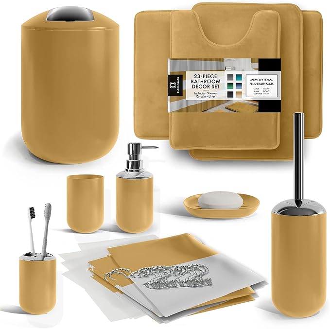 Clara Clark Bathroom Set – Bathroom Sets with Shower Curtain and Rugs, Soft Bathroom Rugs Non Slip, 23PC Gold Bathroom Accessories Set Complete with Bath Rugs, Shower Curtain Set with Liner and Hooks