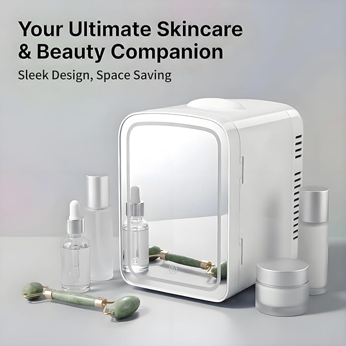 4L Mini Skincare Fridge with Dimmable LED Mirror, Portable Beauty Refrigerator for Makeup, Cosmetic, Personal Small Refrigerator with Cooler and Warmer for Bedroom, Office and Car (White-4L-LED light)