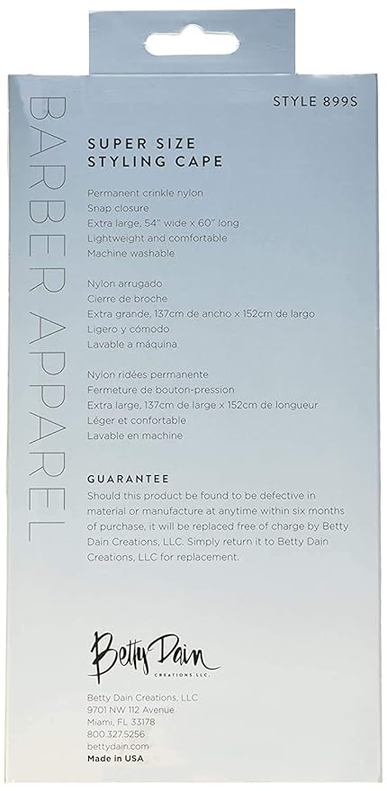 BD Barber Lightweight Crinkle Nylon Hair Cutting/Styling Cape, Water Resistant, Machine Washable, Permanent Crinkle Nylon, Repels Hair, Snap Closure at Neck, Generous 54 x 60 inch Size, White