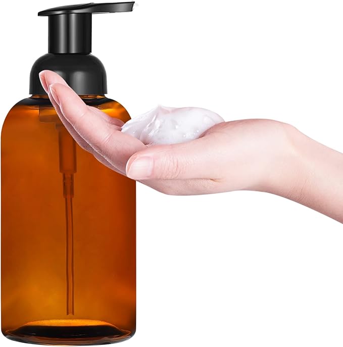 2 Pack Amber Glass Jar Soap Dispenser with Foaming Pump, 13 Ounce Amber Round Bottles Dispenser with Foaming Pump