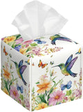Spring Floral Hummingbird Tissue Box Cover Wild Flowers Florals Butterfly Square Leather Tissue Holder Decorative Facial Tissue Cube Paper Cover Case Organizer for Bathroom Night Stands Desk Home