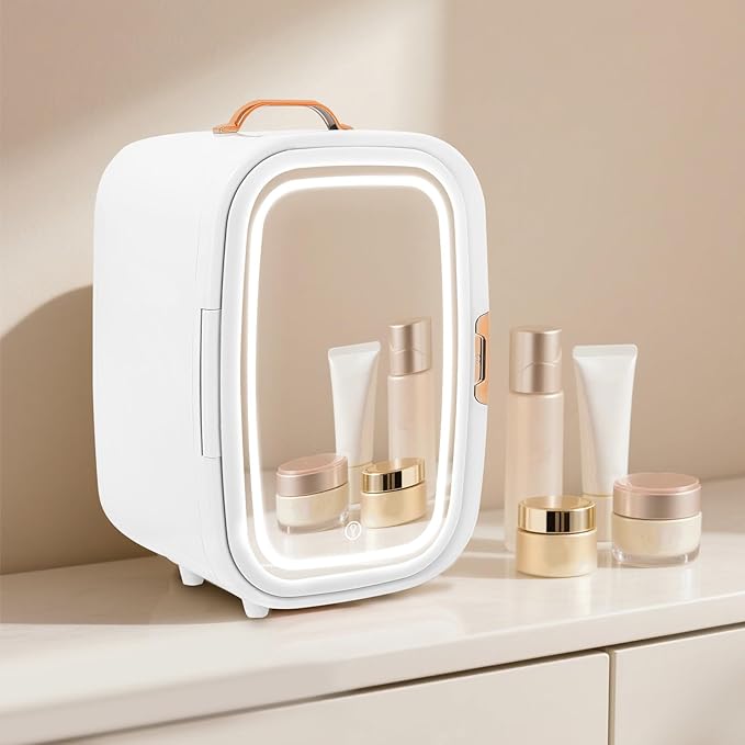 Cosmetic Fridge with LED Mirror & Adjustable Shelves, 12V/110V Mini Skincare Refrigerator for Bedroom, Vanity, Office, 4 Gal, Gift for Women (White)