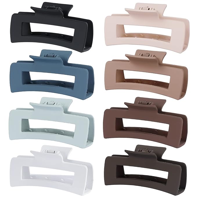 Large Hair Claw Clips - 8 Pcs Rectangle Big Claws for Thick Hair - Non-Slip Acrylic Banana Jaw Clips - Women & Girls (Blue, Brown)