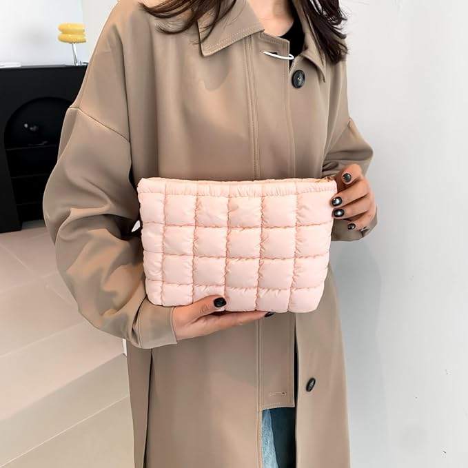 Puffy Quilted Makeup Bag for Women, Cosmetic Bag, Travel Toiletry Organizer Pouch Clutch (pink)