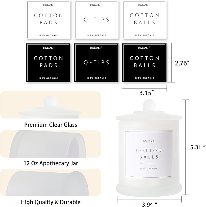 Qtip Holder & Cotton Pad Dispenser, Bathroom Organizer and Storage Canisters, 16oz Glass Apothecary Jars for Kitchen, Restroom - Home Decor, Room Decor Aesthetic (2 Pack, Frosted White)