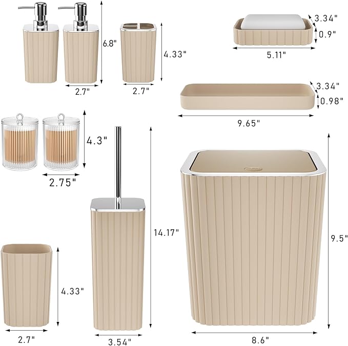 Bathroom Accessories Set - Gorgeous Beige Bathroom Set, 10PC Bathroom Accessory Set, Toilet Brush, Trash Can & Soap Dispenser