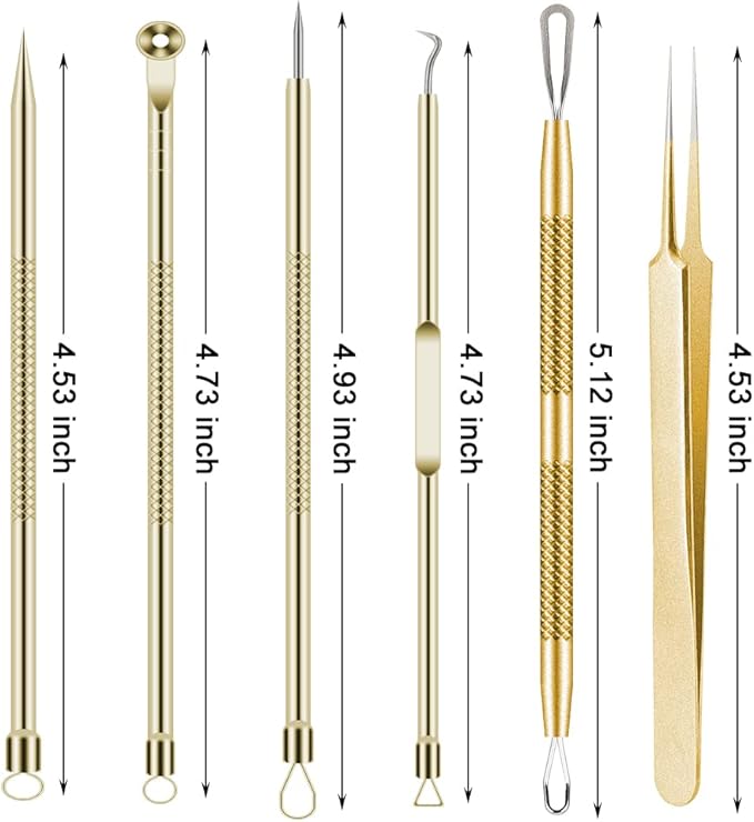 Pimple Popper Tool Kit 6 Pcs Blackhead Remover Acne Needle Tools Set Removing Treatment Comedone Whitehead Popping Zit for Nose Face Skin Blemish Extractor Tool - Gold