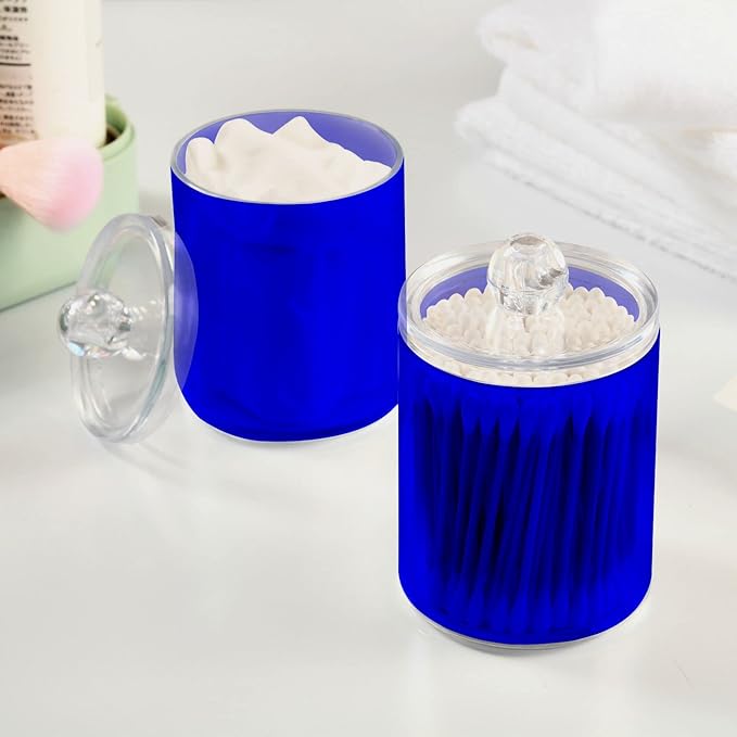 Blue Qtip Holder Organizer Dispenser Cotton Swabs Cans Plastic Jars with Lid Set 4 Pack Bathroom Storage Canister for Cotton Ball Floss Cotton Pads