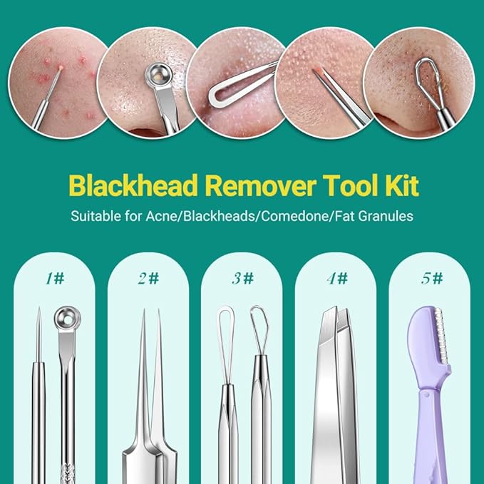 TsMADDTs Pimple Popper Tool Kit, 6 pcs Blackhead Remover Tools for Face and Nose, Ingrown Hair Removal Kit with Pimple Extractor, Pore Extractor, Tweezer, Razor