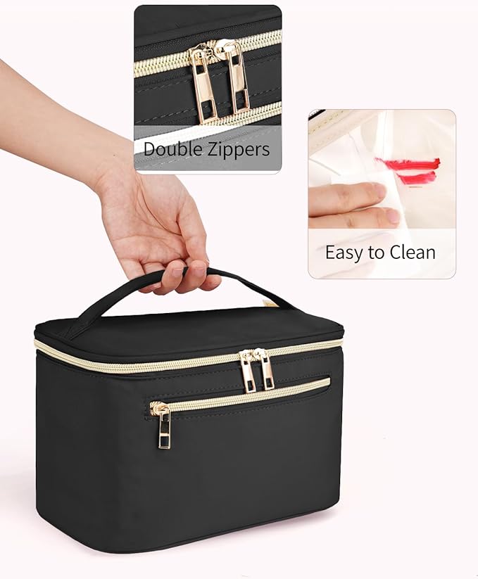 Wandering Nature Large Makeup Bag, Travel Make Up Organizer Cosmetic Brush Bags Case for Women in Fabric,Black,Patent Pending