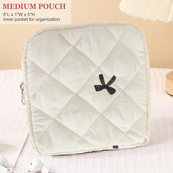 HAPPYHEIDI Quilted Nylon Drawstring Makeup Bag Set 2 Compartment Cosmetic Toiletry Travel Pouch, Purse Organizer, Creamy White Embroidery Bow