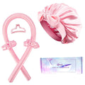 No Heat Overnight Curls with Double Layer Satin Bonnet - Soft Hair Curlers to Sleep In, heatless Curling Rods Set + Silk Bonnet for Women & Girls Long Hair, Heatless Waves & Volume (Pink)