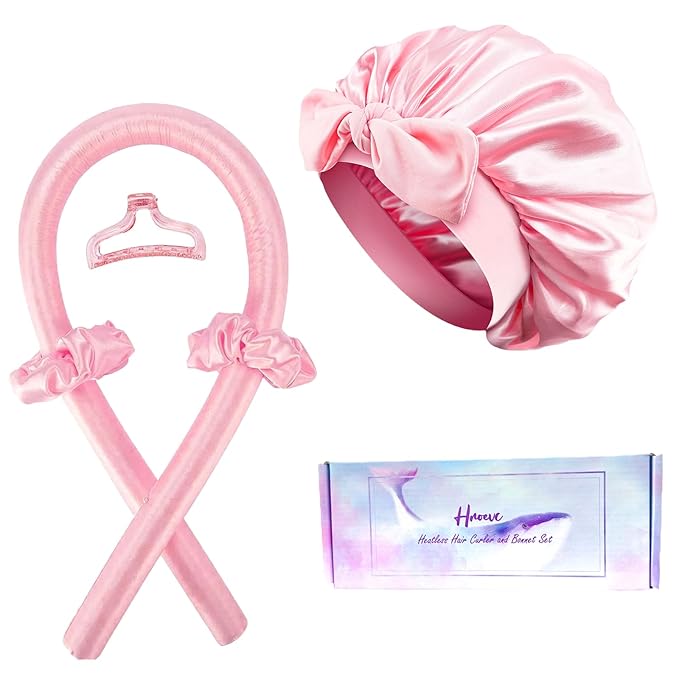No Heat Overnight Curls with Double Layer Satin Bonnet - Soft Hair Curlers to Sleep In, heatless Curling Rods Set + Silk Bonnet for Women & Girls Long Hair, Heatless Waves & Volume (Pink)