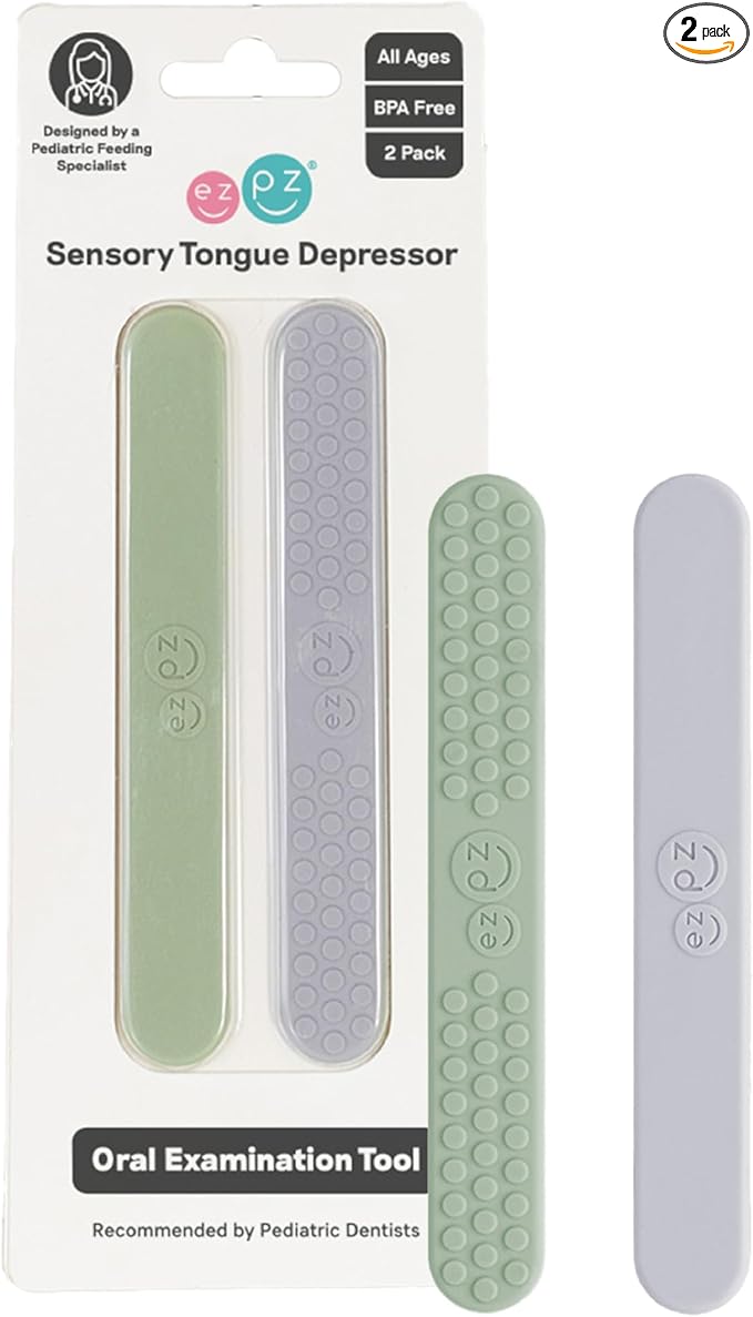 ezpz Sensory Tongue Depressors - All Ages (2 Pack in Sage/Pewter) - Silicone/Stainless Steel Tongue Depressor for Visibility Into The Mouth + Healthy Oral Care Routine