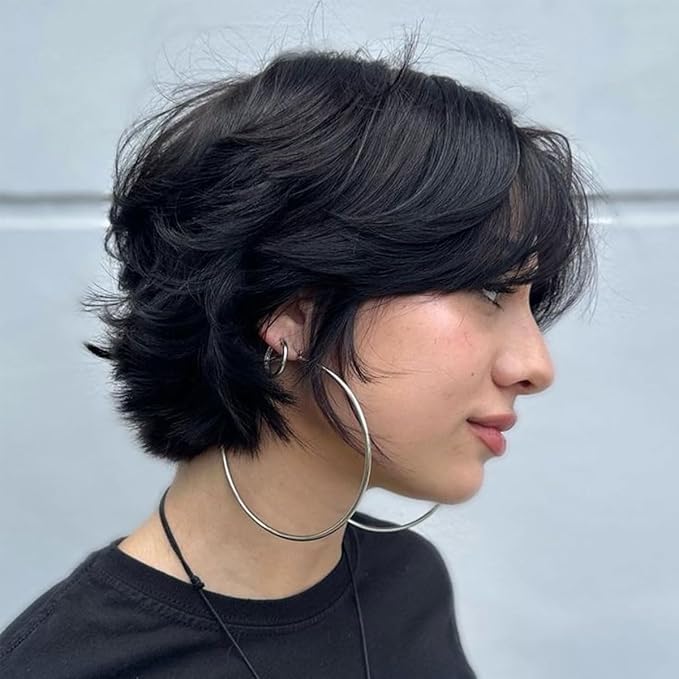 Adette 6 Inch Real Human Hair Wig for Women - Glueless Mullet & Wolf Cut Style, Natural Black Curly Wave Texture, Layered Pixie Cut with Bangs, 180% Density