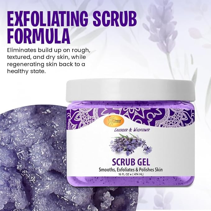 SPA REDI – Exfoliating Scrub Pumice Gel, Lavender and Wildflower, 16 Oz - Manicure, Pedicure and Body Exfoliator Infused with Hyaluronic Acid, Amino Acids, Panthenol and Comfrey Extract