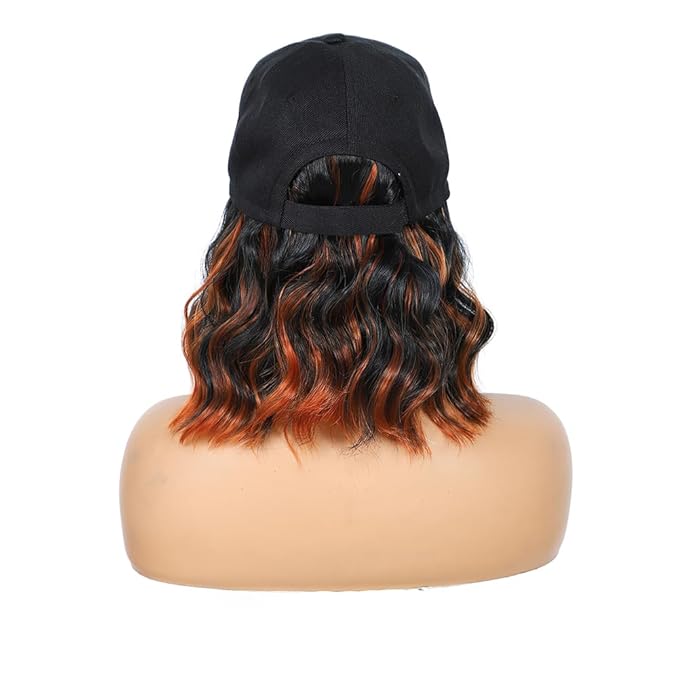 GUOJIAN Hat Wigs for Women 6' Short Wave Baseball Cap Wigs with Curly Hair Extensions Synthetic Wave Wig Adjustable Hat with Hair Attached for Daily Use (1B/350, 6inch)