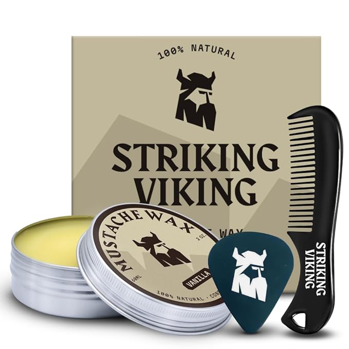 Striking Viking Mustache Wax Kit with Comb - 2 Oz, Vanilla - Strong Hold Mustache Grooming Kit for Men - Vanilla-Scented Wax & Comb Set