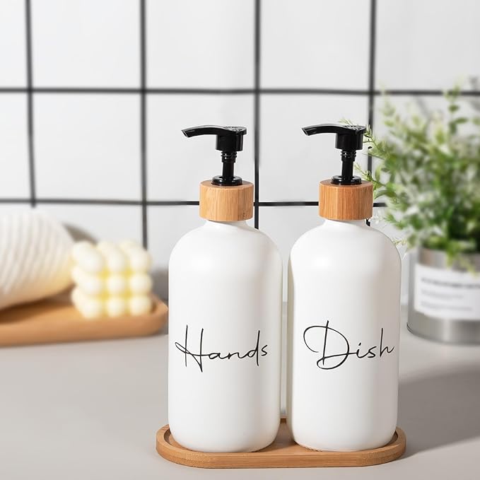 17 oz Hand Soap Dispenser Empty Glass Lotion Pump Bottles, Refillable Liquid Dish Soap Bottles for Bathroom, Kitchen Sink, White, 2 Pack