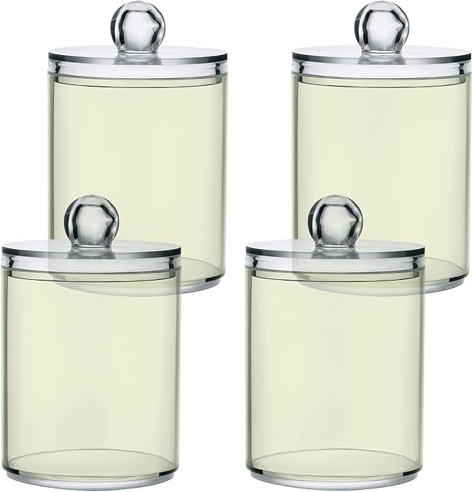 Beige Qtip Holder Organizer Dispenser Cotton Swabs Cans Plastic Jars with Lid Set 4 Pack Bathroom Storage Canister for Cotton Ball Floss Cotton Pads