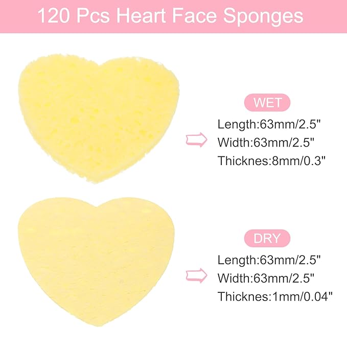 uxcell 120 Count Compressed Facial Sponges Heart-Shaped Face Cleansing Sponges Pads for Daily Skincare Routines at Home, Kitchen, Travel, Yellow
