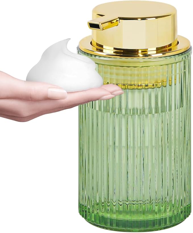 Foaming Soap Dispenser, 12 Oz Green Glass Foam Hand Soap Dispenser, Refillable Glass Foam Pump Bottle Container Decorative Slim Ribbed Bottle for Bathroom and Kitchen