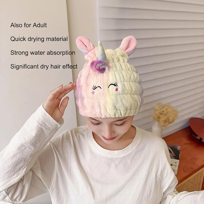 Animal Hair Drying Towel Cap for Kids, 2Pcs Cute Unicorn Microfiber Bath Dry Hair Wrap, Absorbent Quick Girls Boys Hair Drying Towel, Suck Water Hat Headscarf for Wet Hair