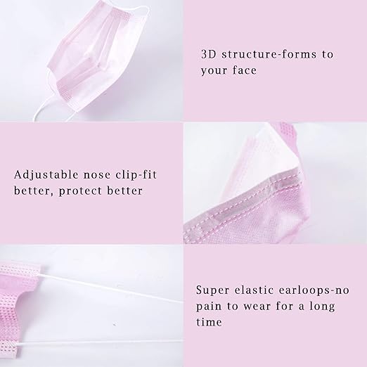 Borje Pink Disposable Face Mask 100 Pcs Pink Face Masks 3 Ply Protection Masks