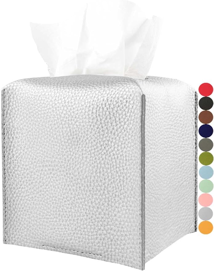 Silver Tissue Box Cover Leather – Square Tissue Box Holder with Bottom Belt by JESMINI, Modern PU Leather Cube Tissue Holder for Bathroom Vanity Countertop/Night Stands/Office