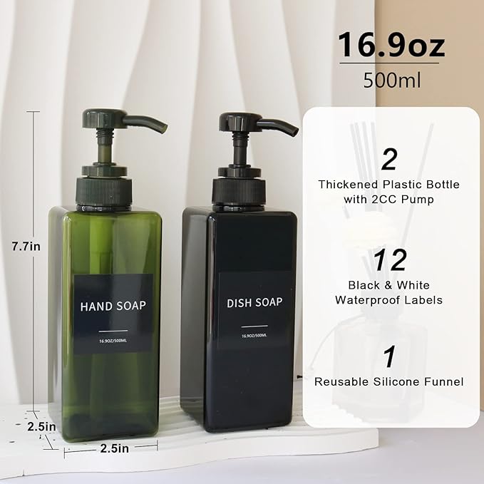 Green Soap Dispenser with Waterproof Labels, Thickened Plastic Hand Soap Dispenser for Bathroom, Kitchen Dish Washing Liquid Bottles, Shampoo and Conditioner Bottles with Funnel (16oz 2Pack Green)