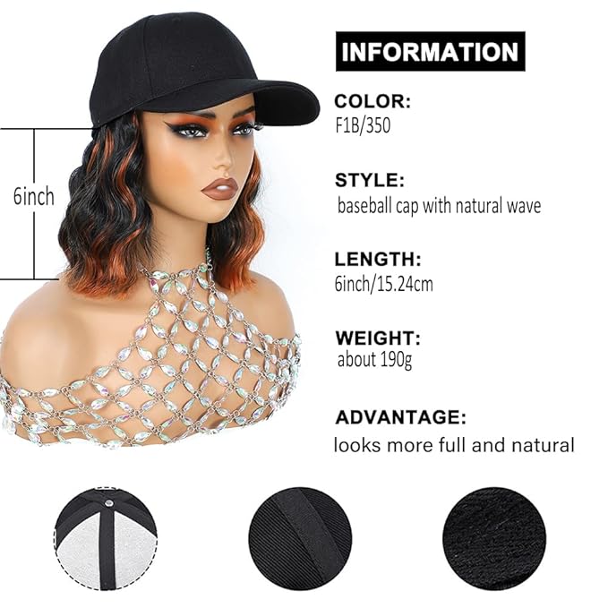 GUOJIAN Hat Wigs for Women 6' Short Wave Baseball Cap Wigs with Curly Hair Extensions Synthetic Wave Wig Adjustable Hat with Hair Attached for Daily Use (1B/350, 6inch)