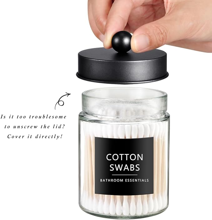 SheeChung 3-Pack Black Glass Apothecary Jars - Rust-Proof Stainless Steel Qtip Holder Set - Modern Farmhouse Bathroom Vanity Organizer for Cotton Swabs, Balls, Pads - Countertop Storage Canister