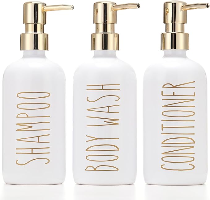 HOMCDALY Shampoo and Conditioner Dispenser Set of 3, 21oz Shower Soap Bottles with Pump, Refillable Shampoo Conditioner Body Wash Dispenser, Bathroom Shower Shampoo Bottles, Shampoo Container(P-Gold)