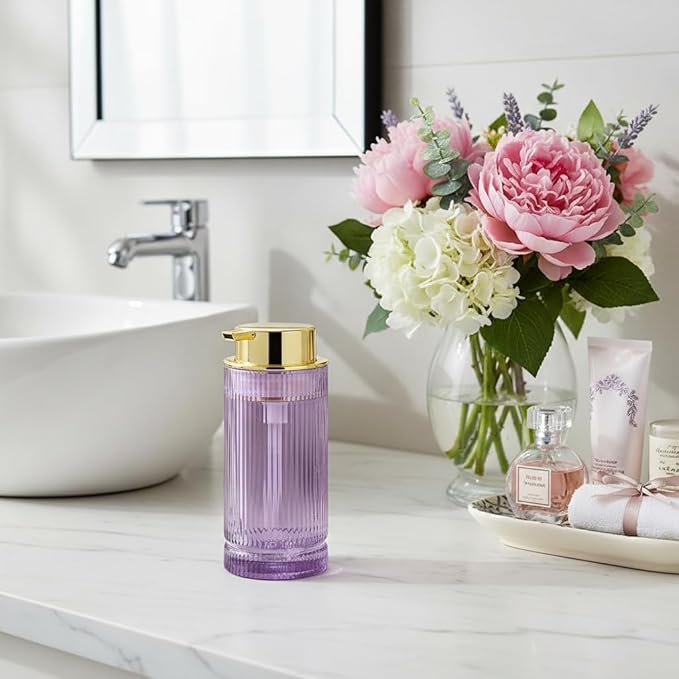 Foaming Soap Dispenser, Purple Glass Foam Hand Soap Dispenser with Gold Pump, 14 Oz Bathroom Refillable Liquid Lotion Pump Ribbed Bottle Container for Kitchen Countertop Decor, 1