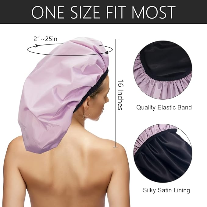 Auban Extra Large Shower Cap, Double-Layer Waterproof Reusable, XL Satin Lining Shower Bonnet for Women Thick, Long Hair, Locs, Braids(Pink)