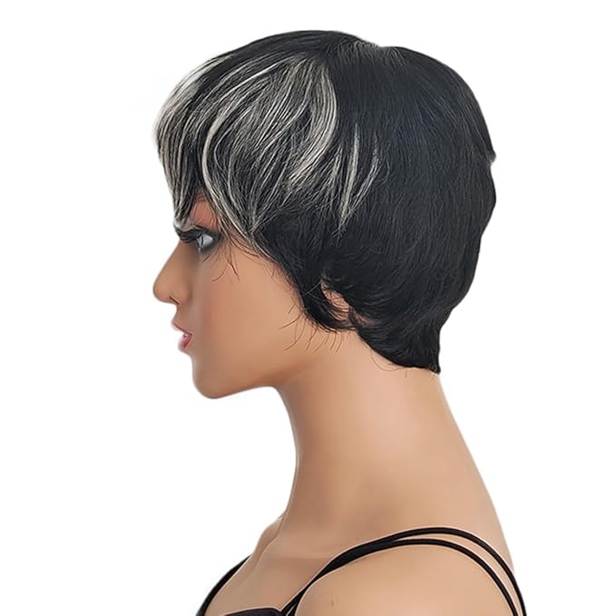 Adette Basic Pixie Cut Wig Straight Style - 1B/27 Blonde Highlight 180% Density Brazilian Virgin Human Hair with Rose Net Cap, Glueless Machine Made for African American Women, Cosplay & Daily Wear
