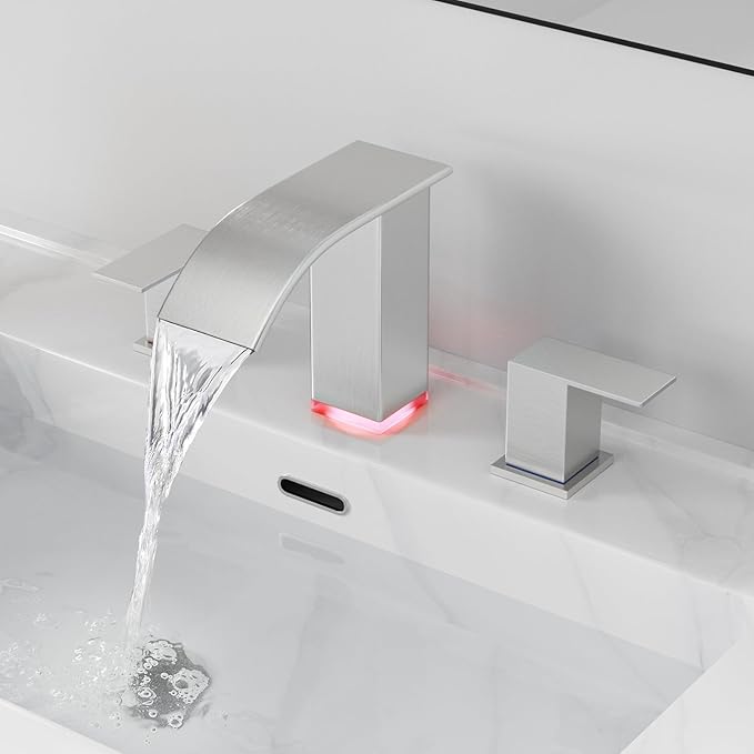 RUMOSE LED Bathroom Faucets Set Brushed Nickel 8 inch Bathroom Sink Faucet 3 Hole with Pop Up Drain Widespread Waterfall Vanity Faucet with 3 Colors Light Changing Stainless Steel Deck Mounted