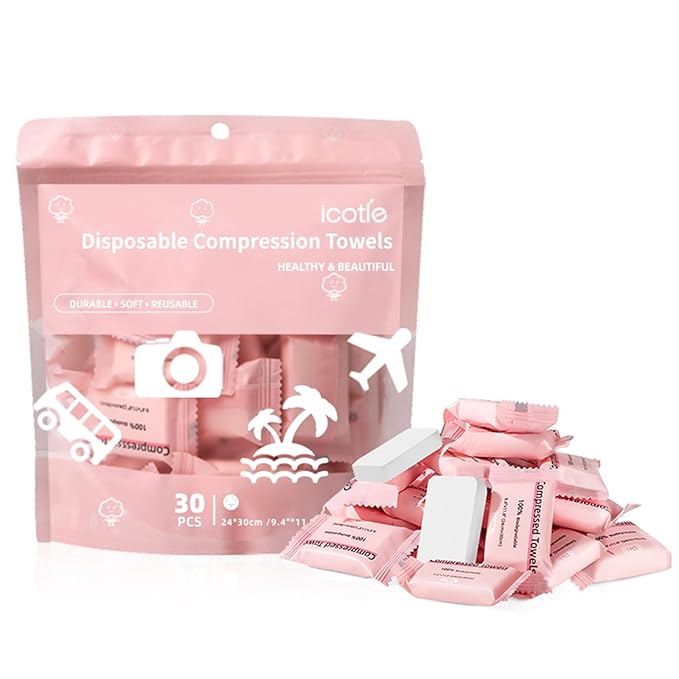 Compressed Towel 30 Pcs Disposable Compressed Face Towel Portable Cotton Coin Tissue Camping Towel for Travel/Home/Outdoor Activities
