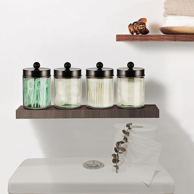 Amolliar Sage Green Qtip Holder, Glass Apothecary Jar Metal Lid & Stickers, Bathroom Qtip Holder Storage Canister, Farmhouse Decor for Cotton Balls, Swabs, Makeup Pads, Bath Salt, Floss, ORB 4 Pack