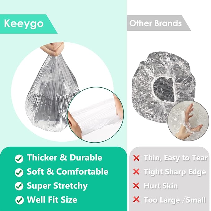 Keeygo Disposable Shower Caps 50 PCS Bath Caps Clear Waterproof Plastic Wraps for Women, Hotel Travel Essentials Accessories Hair Caps(20.5")