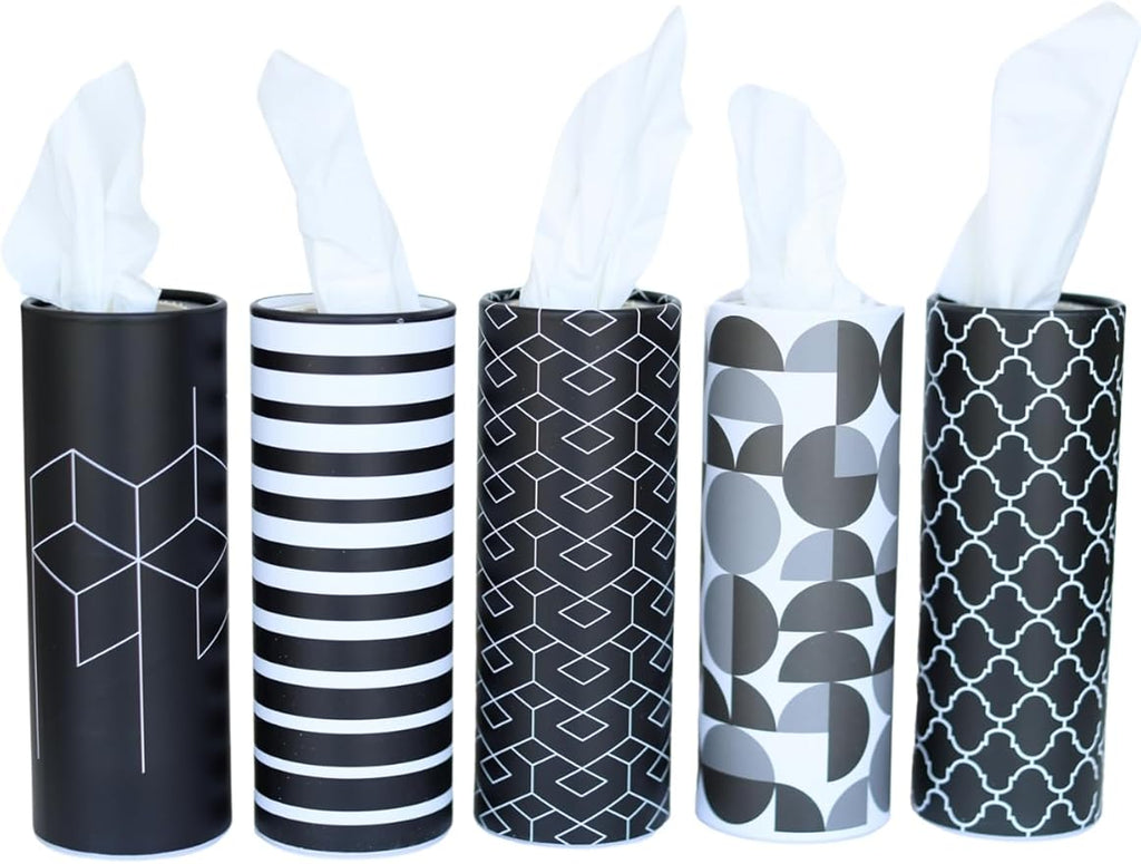 Cylinder Car Facial Tissue Holder, 5 Pack, 50 Tissues Per Cylinder, with Easy Open Lid, 3-Ply Tissues for Your car, Home and Office. Geometric Patterns (Geometric Patterns)