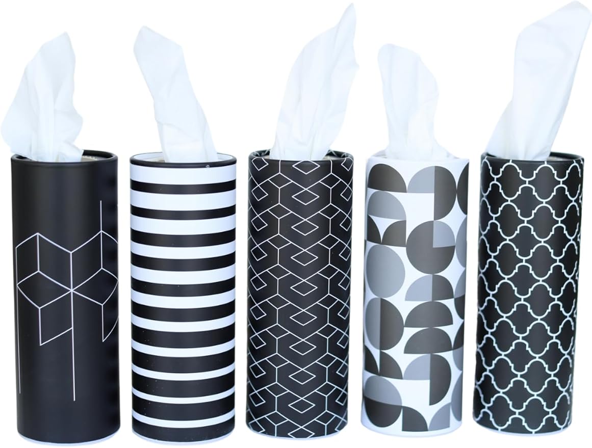 Cylinder Car Facial Tissue Holder, 5 Pack, 50 Tissues Per Cylinder, with Easy Open Lid, 3-Ply Tissues for Your car, Home and Office. Geometric Patterns (Geometric Patterns)